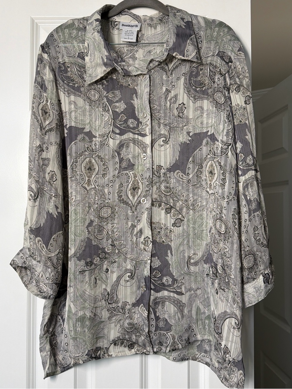 BonWorth Paisley Button-Up Shirt in Sage and Light Gray
